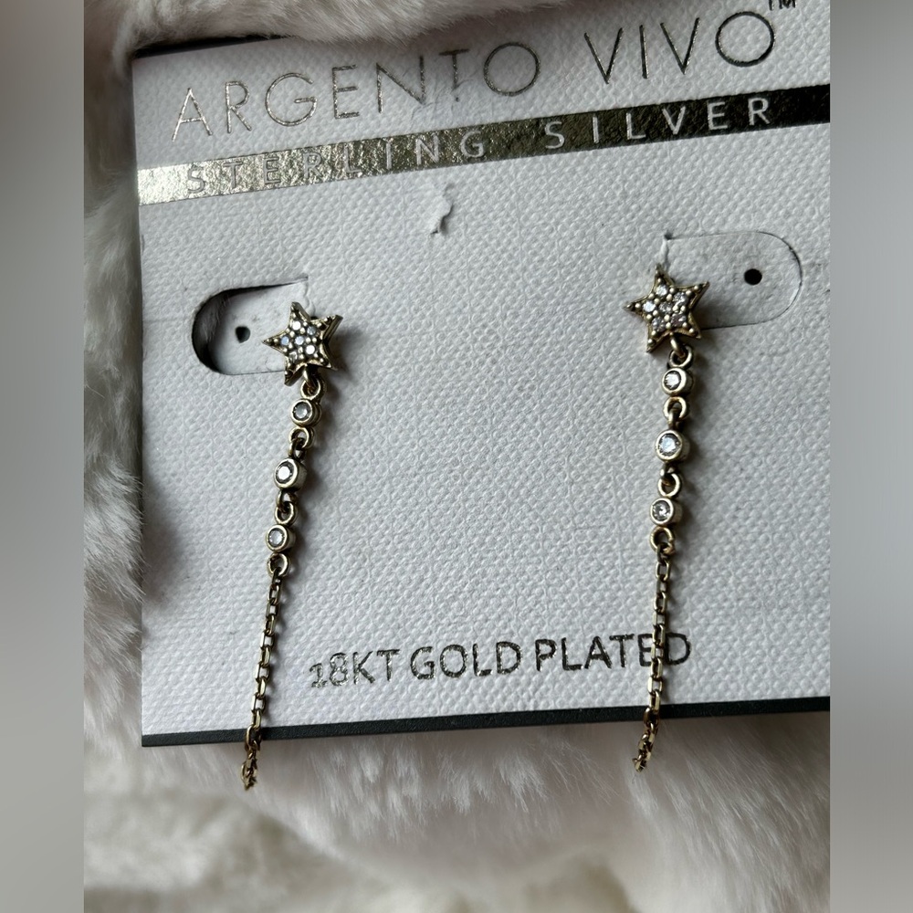 New Argento Vivo Sterling Silver CZ long Star chain earrings
